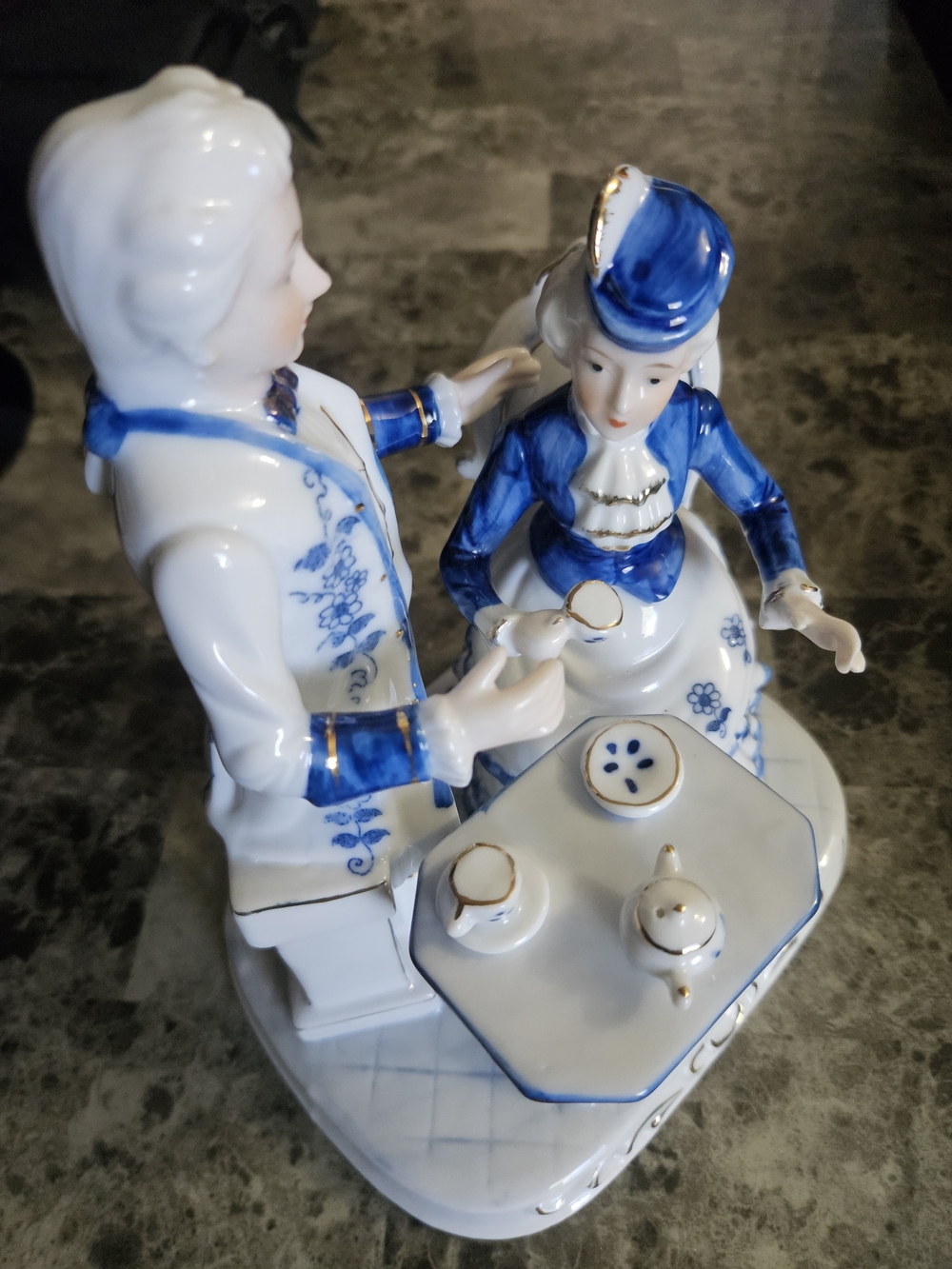 Blue and White Porcelain Figurine Couple Decorative Sculpture